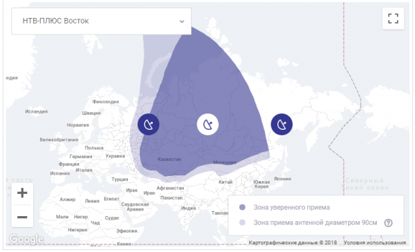 Зона покрытия спутникового ТВ НТВ Плюс на востоке России